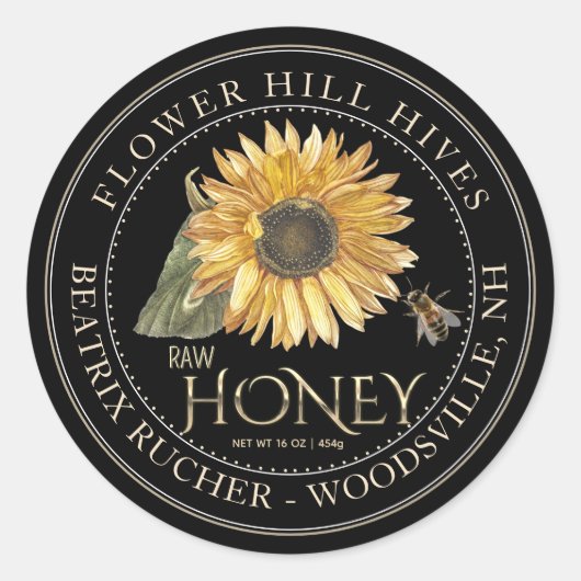 Black Honey Label Sonnenblumen und Metallic Gold T Runder Aufkleber (Vorderseite)