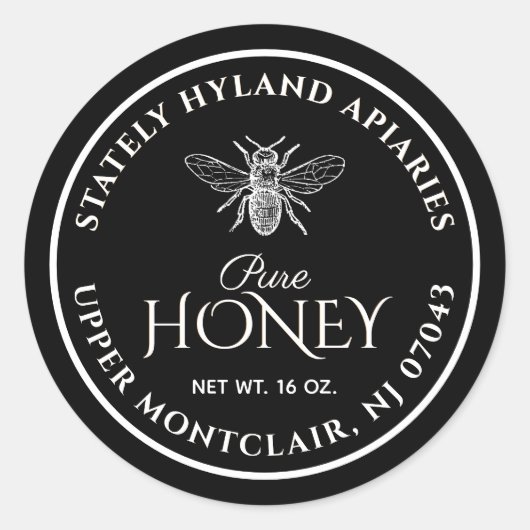 Black Honey Label White Vintag Bee Runder Aufkleber (Vorderseite)