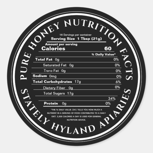 Black Honey Nutrition Facts Label Apiary Name Runder Aufkleber (Vorderseite)