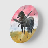 Black Horse in Field Wall Clock Runde Wanduhr (Winkel)