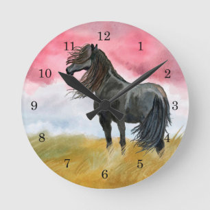 Black Horse in Field Wall Clock Runde Wanduhr