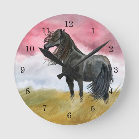 Black Horse in Field Wall Clock Runde Wanduhr (Vorderseite)