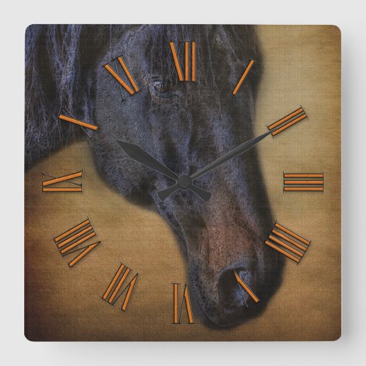 Black Horse Portrait on Rustic Parchment-effect Quadratische Wanduhr (Vorderseite)