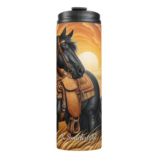 Black Horse Wheat Field Sunset Thermosbecher (Vorderseite)