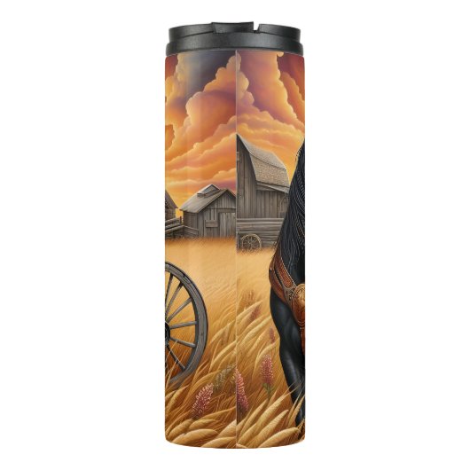 Black Horse Wheat Field Sunset Thermosbecher (Rückseite)