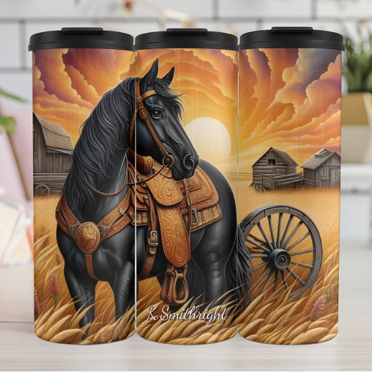 Black Horse Wheat Field Sunset Thermosbecher