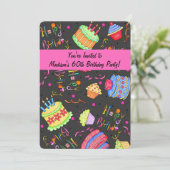 Black Hot Pink Cake 60. Geburtstag Einladung (Stehend Vorderseite)