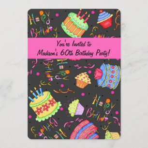Black Hot Pink Cake 60. Geburtstag Einladung