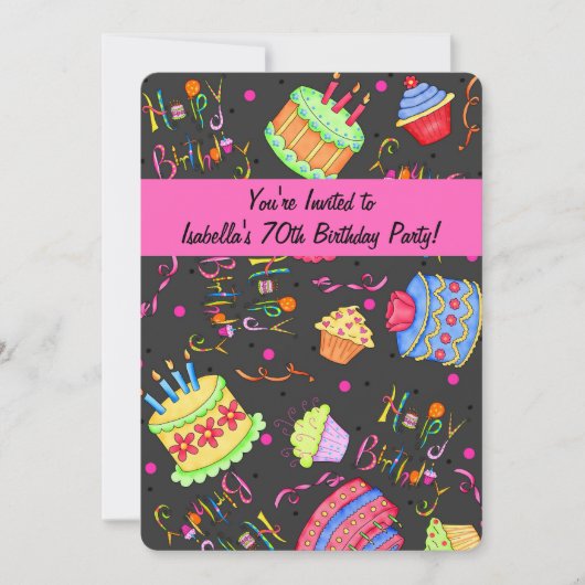 Black Hot Pink Cake 70. Geburtstag Einladung (Vorderseite)