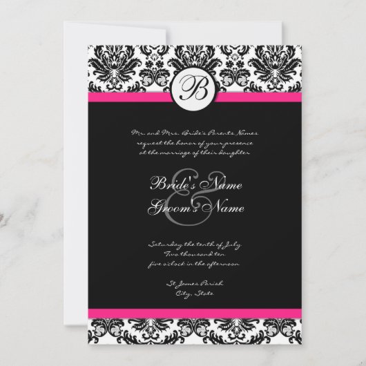Black Hot Pink Damask Einladung zur Hochzeit (Vorderseite)
