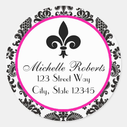 Black & Hot Pink Damask Fleur De Lys Address Label Runder Aufkleber (Vorderseite)