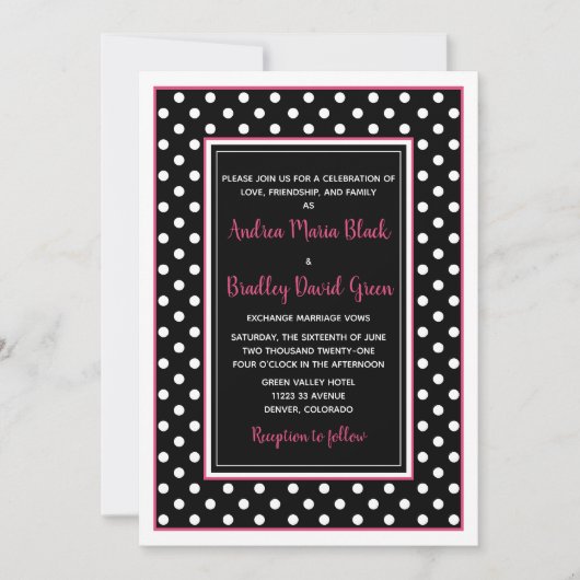 Black Hot Pink White Polka Dot Wedding Einladung (Vorderseite)