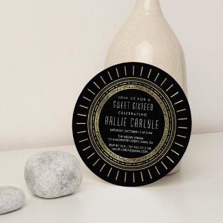 Black & Imitate Gold Art Deco Stil 16 . Geburtstag Einladung
