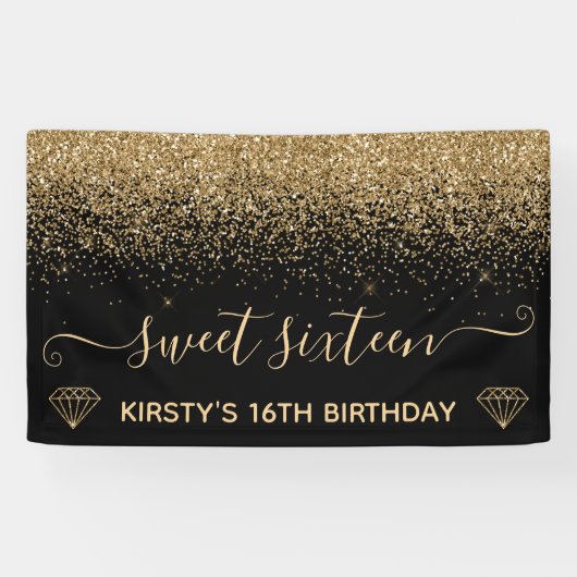 Black & Imitate Gold Glitzer Sweet 16 Banner (Horizontal)