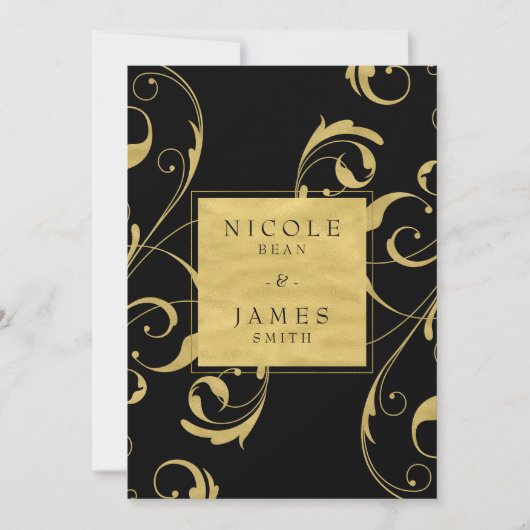 Black & Imitate Golflorale Swirl Hochzeitsfeier Einladung (Vorderseite)