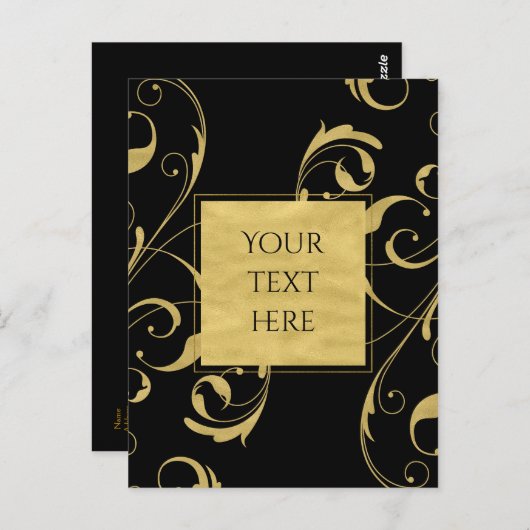 Black & Imitate Golflorale Swirl Hochzeitsfeier Postkarte (Vorne/Hinten)