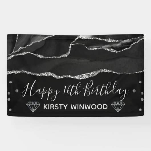 Black & Imitate Silver Glitzer Agate Sweet 16 Banner (Horizontal)
