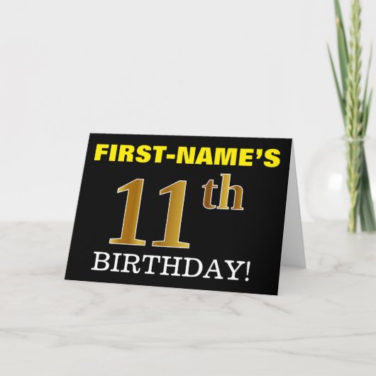 Black, Imitation Gold "11. BIRTHDAY" Karte (Vorderseite)