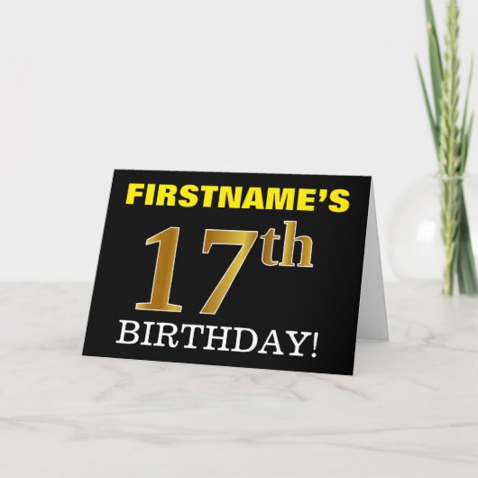Black, Imitation Gold "17. BIRTHDAY" Karte (Vorderseite)