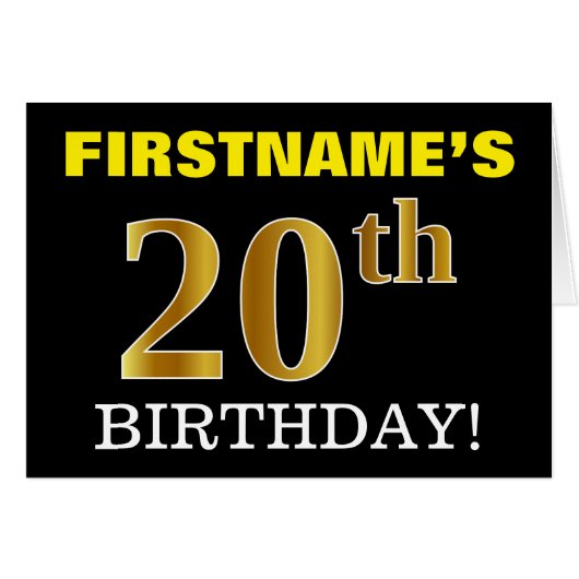 Black, Imitation Gold "20th BIRTHDAY" Card (Vorderseite (Horizontal))