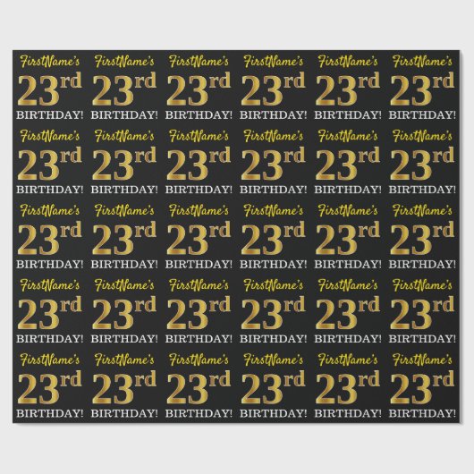 Black, Imitation Gold "23. BIRTHDAY" Geschenkpapier (Flach)