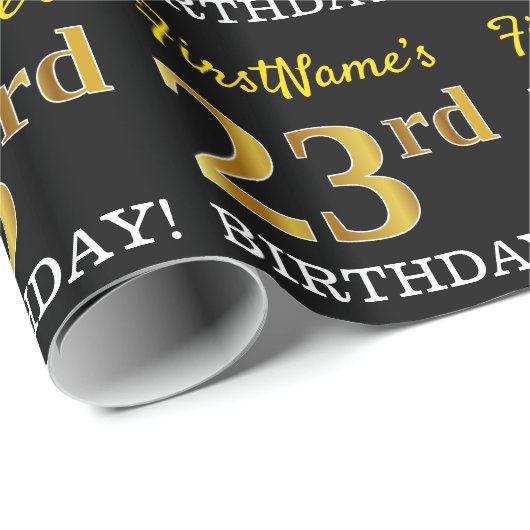 Black, Imitation Gold "23. BIRTHDAY" Geschenkpapier (Rolleneckpunkt)