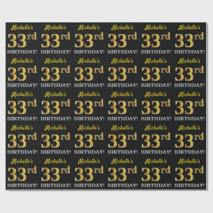 Black, Imitation Gold "33. BIRTHDAY" Geschenkpapier