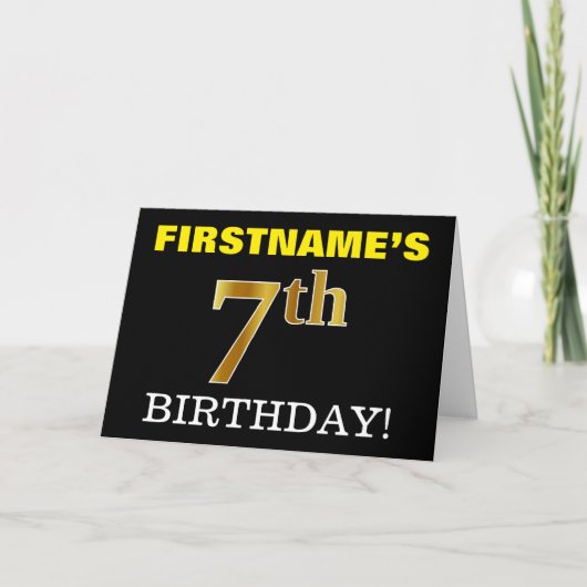 Black, Imitation Gold "7th BIRTHDAY" Card Karte (Vorderseite)