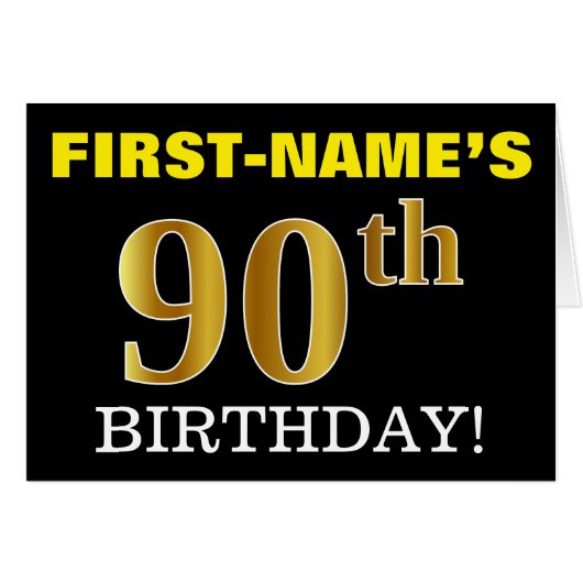 Black, Imitation Gold "90. BIRTHDAY" Card (Vorderseite (Horizontal))