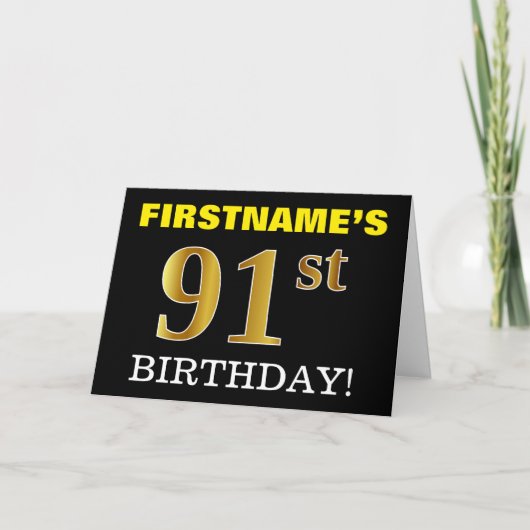 Black, Imitation Gold "91. BIRTHDAY" Karte (Vorderseite)