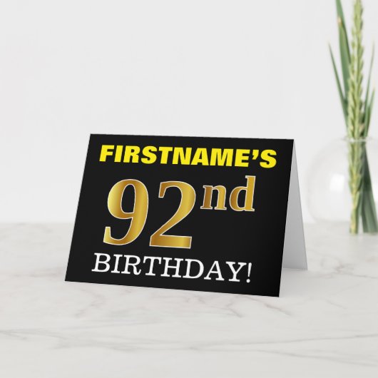 Black, Imitation Gold "92. BIRTHDAY" Karte (Vorderseite)