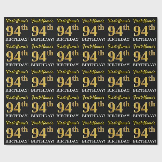 Black, Imitation Gold "94. BIRTHDAY" Geschenkpapier (Flach)