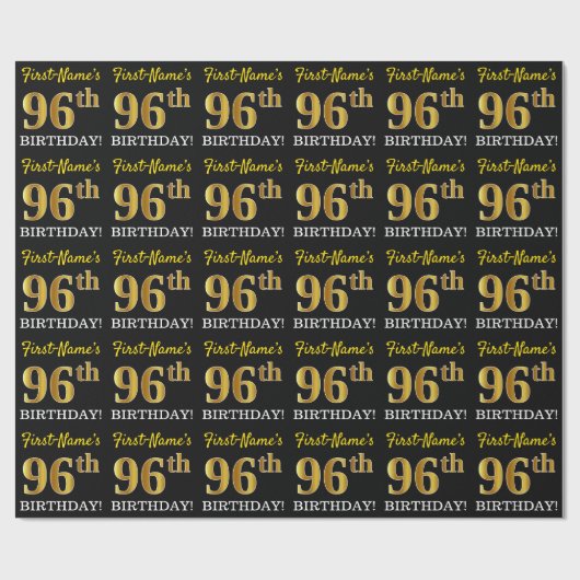 Black, Imitation Gold "96. BIRTHDAY" Geschenkpapier (Flach)