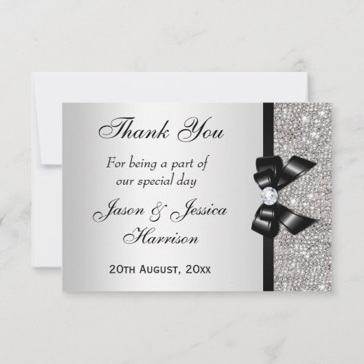 Black Imitats Bow Silver Diamonds Vielen Dank Dankeskarte (Rückseite)