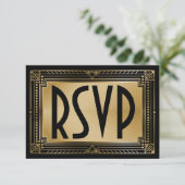 Black & Imitats Gold Gatsby Geometric Wedding RSVP (Stehend Vorderseite)