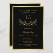 Black Imitats Gold Wreath Quinceañera Einladung (Vorne/Hinten)