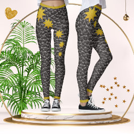 Black Imitats Leather Texture Gold Stars Trendy Leggings