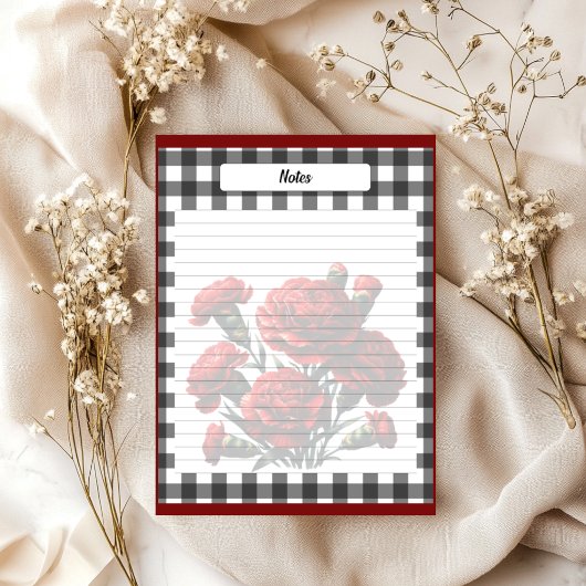 Black in White Floral Gingham _ Notes Notizblock