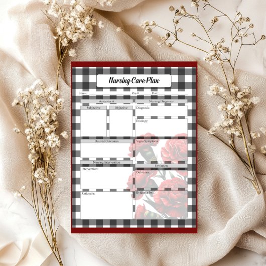 Black in White Floral Gingham_ Pflegeplan Notizblock