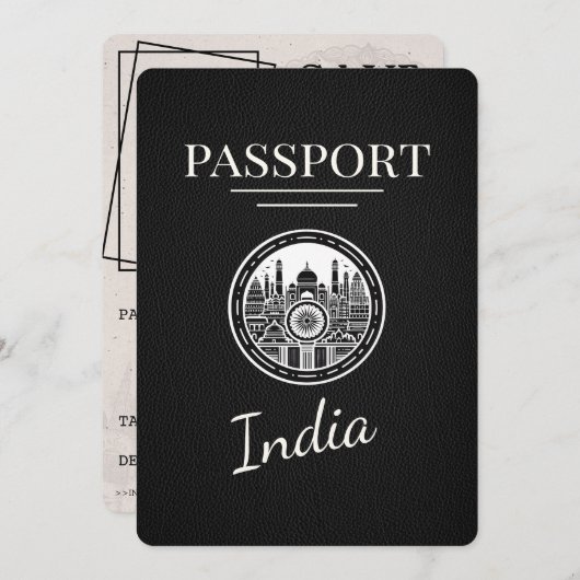 Black India Passport Save the Date (Vorne/Hinten)
