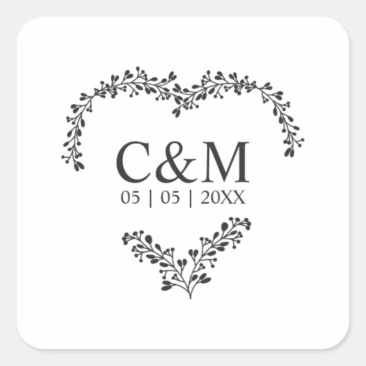 Black Initial On a Branches Heart Quadratischer Aufkleber (Vorderseite)