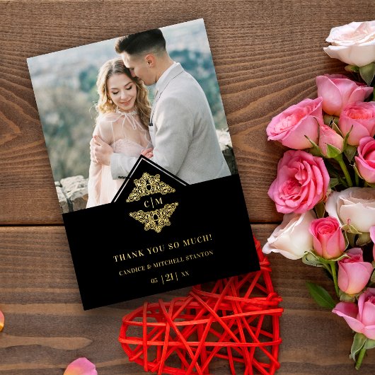 Black Initials Golden Chic Lace Romantische Hochze Folieneinladung