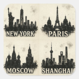 Black Ink City Skylines - New York, Paris, Moskau Quadratischer Aufkleber
