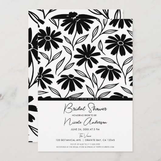 Black Ink Daisies Boho Brautparty Einladung (Vorne/Hinten)