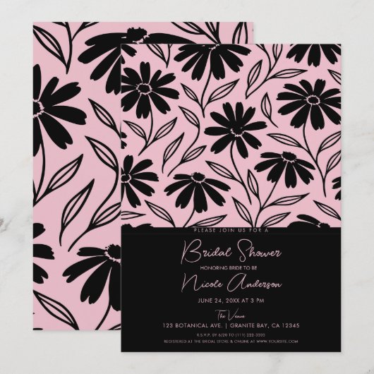Black Ink Daisies Pink Boho Brautparty Einladung (Vorne/Hinten)
