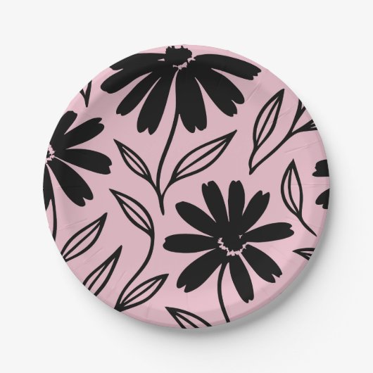 Black Ink Daisies Pink Boho Brautparty Pappteller (Vorderseite)