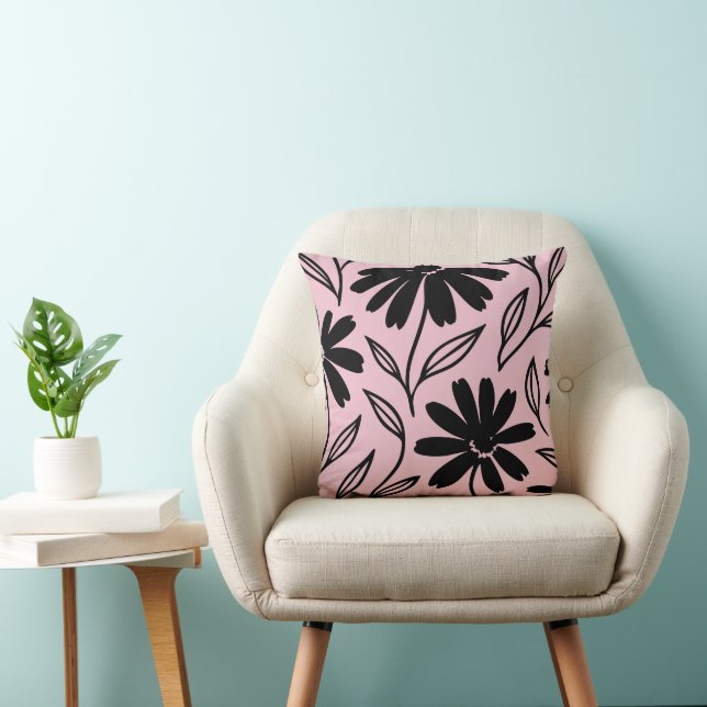 Black Ink Daisies Pink Boho Kissen (Stuhl )