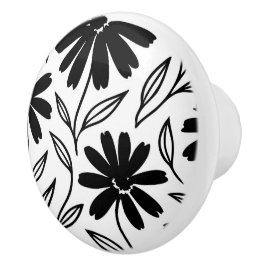 Black Ink Daisies White Boho Keramikknauf