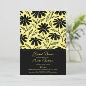 Black Ink Daisies Yellow Boho Brautparty Einladung (Stehend Vorderseite)