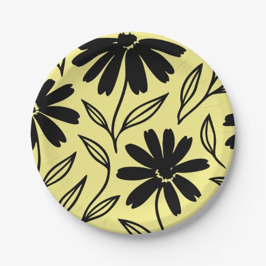 Black Ink Daisies Yellow Boho Brautparty Pappteller (Vorderseite)